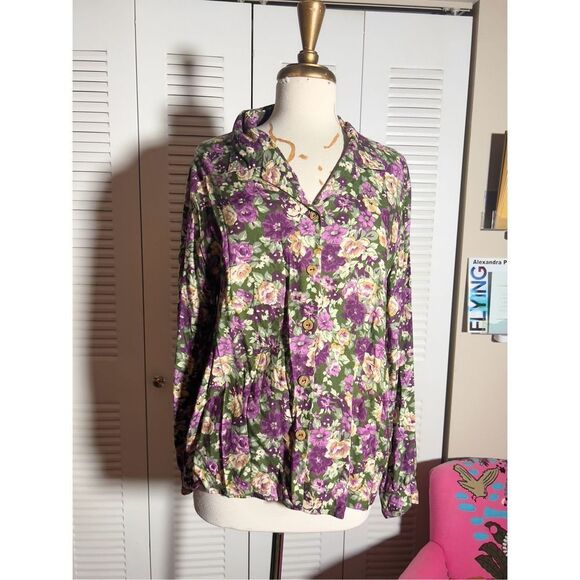 Ornamentation | Women’s | Blouse | Size 16 | Colorful Dark Floral Button Down To - Picture 1 of 6